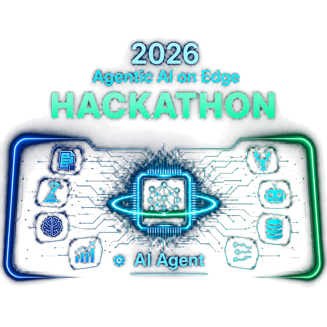 2026 Agentic AI on Edge Hackathon 主視覺，中央為 AI 晶片與邊緣代理圖示